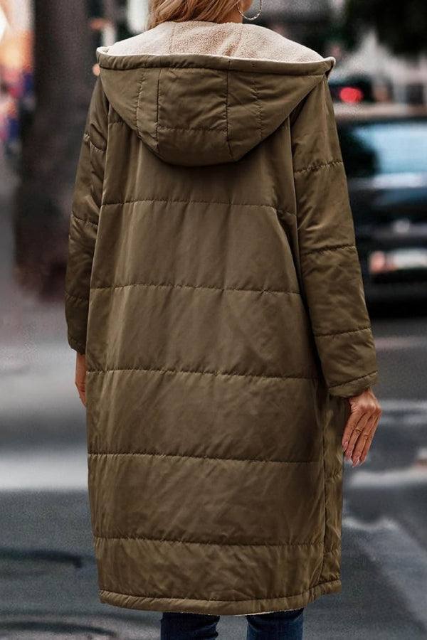 Back view of a Sherpa-Lined Hooded Teddy Coat in olive green with quilted puffer design and hood, worn outdoors.