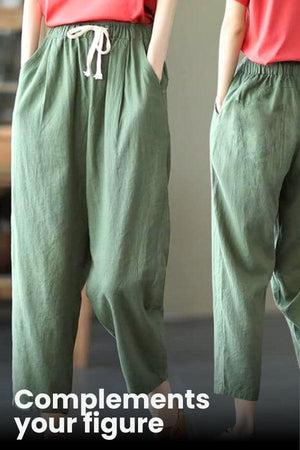 Green relaxed fit straight pants with drawstring waist, casual and comfortable style for all-day wear.