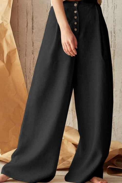 Black button front high waist palazzo pants with wide legs and comfortable fit