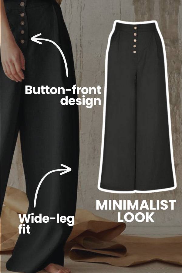 Black button front high waist palazzo pants with wide-leg fit and minimalist design