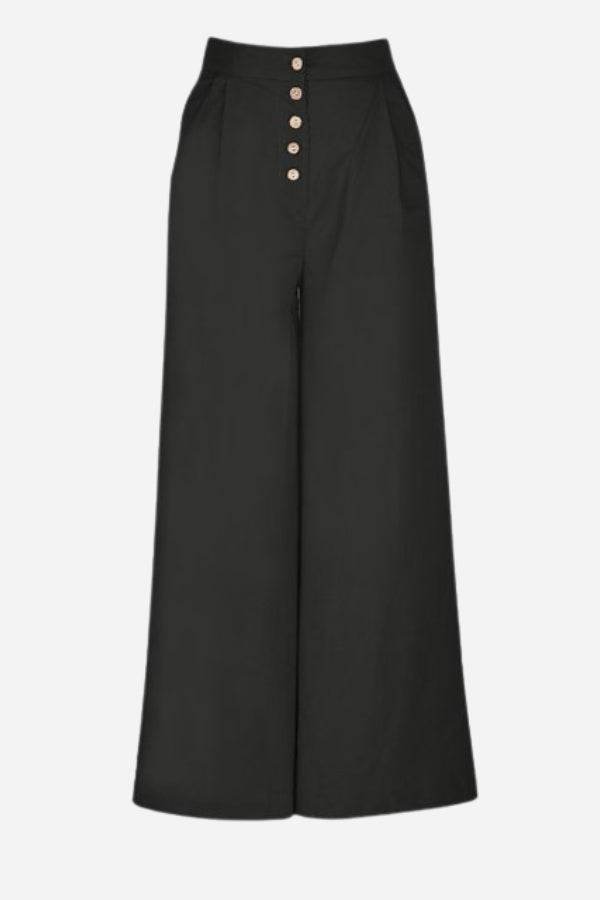 Black button front high waist palazzo pants with wide legs and lightweight comfortable fit