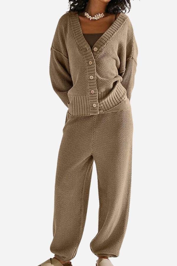 Woman wearing a brown two-piece knitwear relaxed co-ord set with buttoned cardigan and matching knit pants