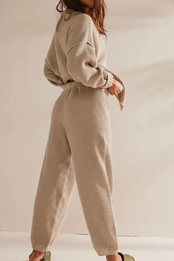 Two-piece knitwear relaxed co-ord set in soft beige cozy knit fabric with a loose fit