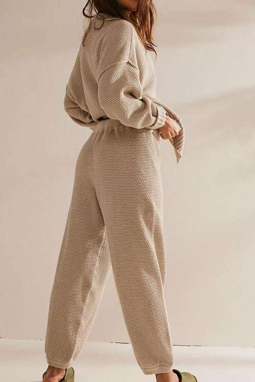 Two-piece knitwear relaxed co-ord set in soft beige cozy knit fabric with a loose fit