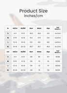 Two-piece knitwear relaxed co-ord set size chart with bust, waist, hips, top and bottom length measurements in inches and centimeters