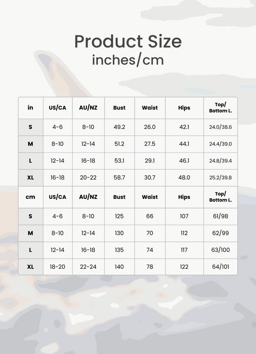 Two-piece knitwear relaxed co-ord set size chart with bust, waist, hips, top and bottom length measurements in inches and centimeters