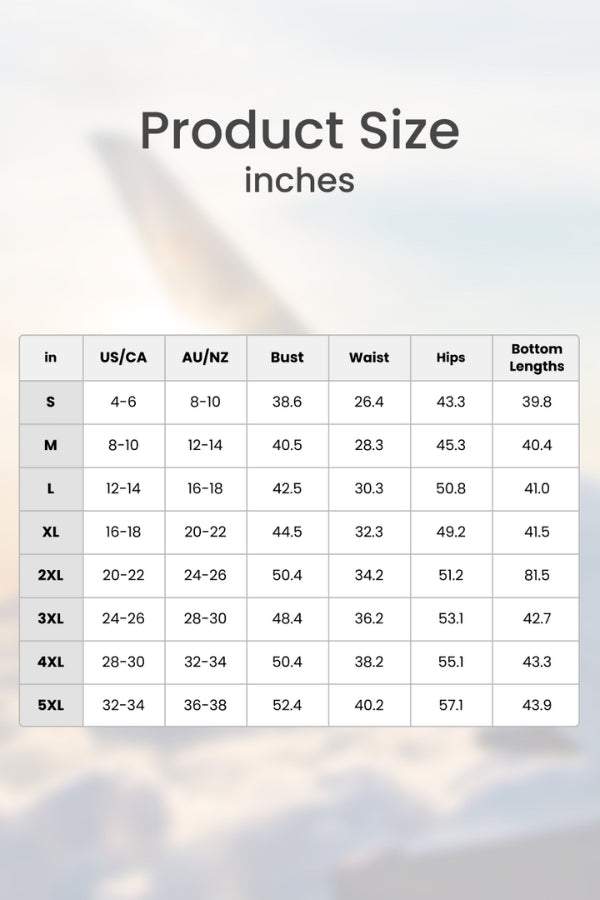 Casual Radiance Loose-Fit Combo size chart showing bust, waist, hips, and bottom lengths in inches for sizes S to 5XL.