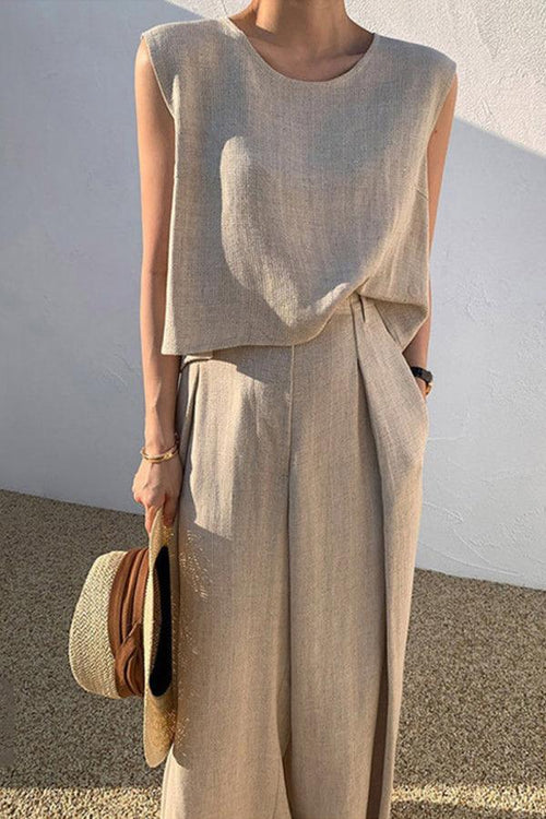 Casual Radiance Loose-Fit Combo beige cotton linen blend sleeveless top and loose pants set for all-day comfort and versatile casual elegance