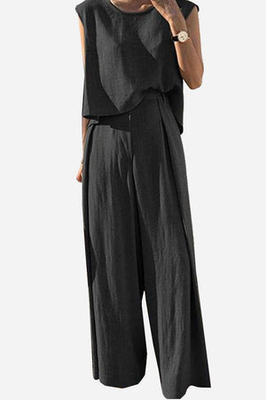 Black Casual Radiance Loose-Fit Combo outfit with breathable cotton-linen blend top and wide-leg pants for all-day comfort and versatility