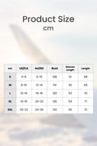 Lightweight puffer travel jacket size chart with measurements in cm for bust, sleeves, and length from S to 2XL.