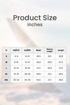 Lightweight puffer travel jacket size chart in inches for US, CA, AU, NZ with bust, sleeves length, and jacket length measurements.