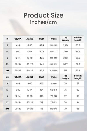 Chic Comfort Kimono two-piece set size chart with measurements for bust, waist, top length, and bottom length in inches and centimeters