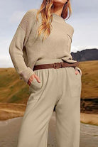 European Minimalism relaxed khaki sweater and trouser set with knit texture and belt detail