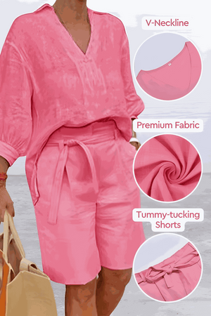 Pink two-piece set with loose V-neck shirt and high-waisted tummy-tucking shorts in premium cotton fabric