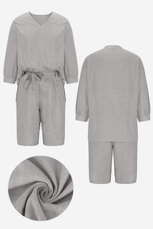 Gray two-piece set with loose long-sleeve shirt and high-waisted knee-length shorts in soft breathable cotton fabric