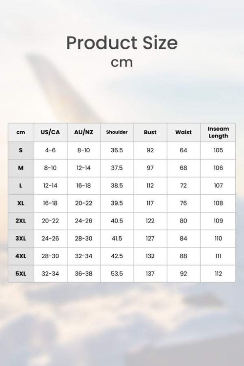 Size chart for Short-sleeved Pullover & Wide Trouser Matching Set showing measurements in cm for US/CA and AU/NZ sizes including shoulder, bust, waist, and inseam length.