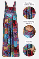 Colorful Bohemian Fantasy Overalls with premium cotton blend, square neckline, pockets, and wide-legged design