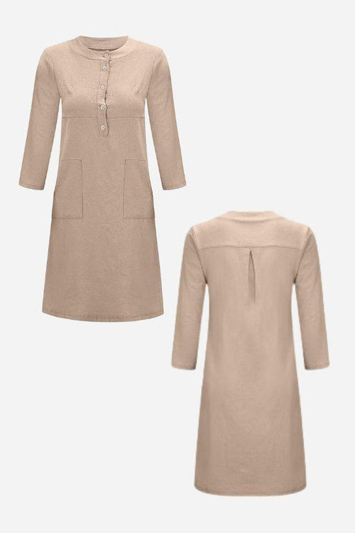 Beige cotton dress with 3/4 sleeves, button front, and front pockets shown from front and back
