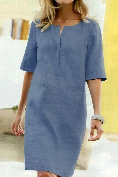 Blue casual cotton dress with 3/4 sleeves and relaxed fit for summer comfort