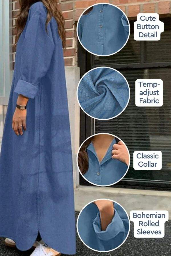 Blue Bohemian Maxi Dress with temp-adjust fabric, button detail, classic collar, and rolled sleeves.