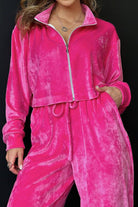 Pink velour zip up cropped jacket with wide leg pants leisure co-ord set