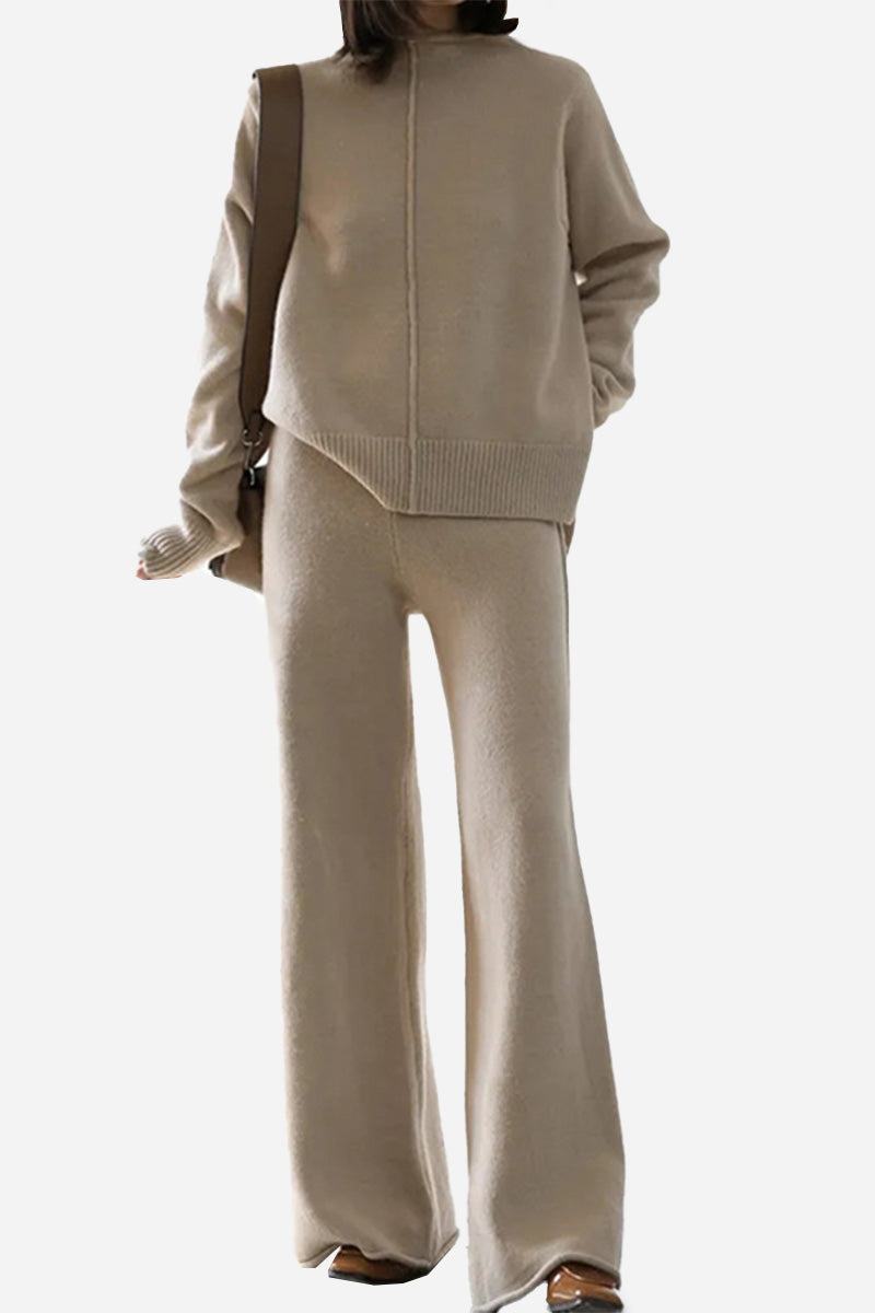 Beige high neck sweater and wide leg pant set with center seam and relaxed fit