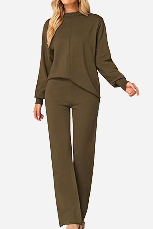 Olive green high neck sweater and wide leg pant set with long sleeves and front center seam, designed for comfort and elegance.