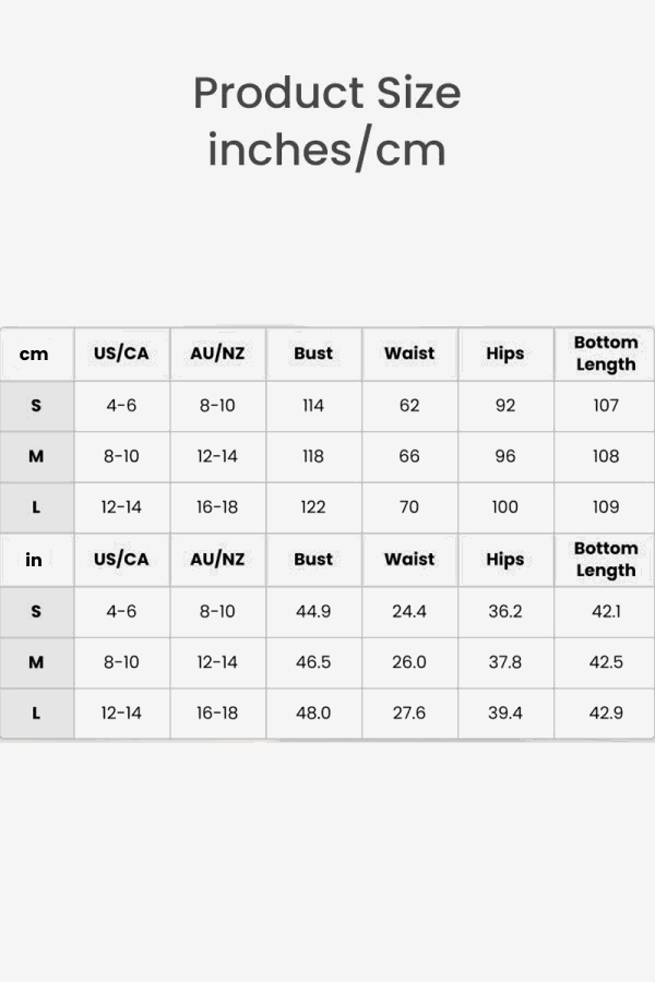 Plush & Preppy Camel Two-Piece Set size chart with measurements in inches and centimeters for bust, waist, hips, and bottom length.