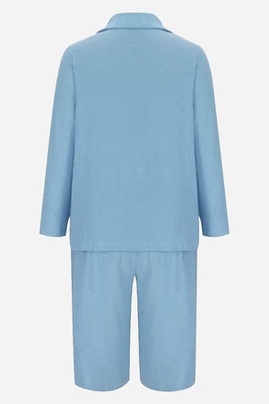 Light blue blazer and high-waisted shorts two-piece set back view