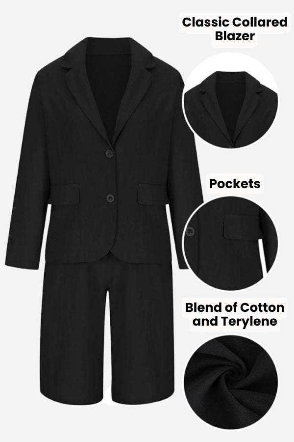 Black blazer and high-waisted shorts two-piece set made from cotton and terylene blend with classic collar and pockets