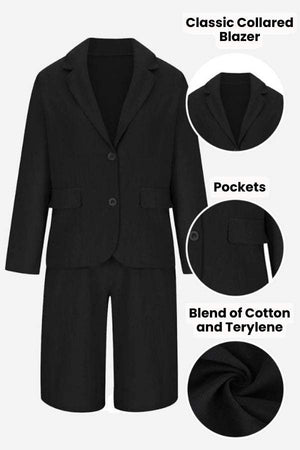 Black blazer and high-waisted shorts two-piece set made from cotton and terylene blend with classic collar and pockets