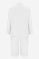 White blazer and high-waisted shorts two-piece set back view, cotton-terylene blend fabric, slim fit tailored design.