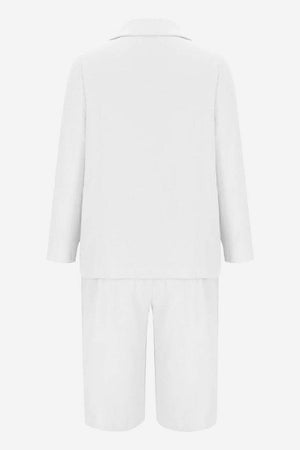 White blazer and high-waisted shorts two-piece set back view, cotton-terylene blend fabric, slim fit tailored design.