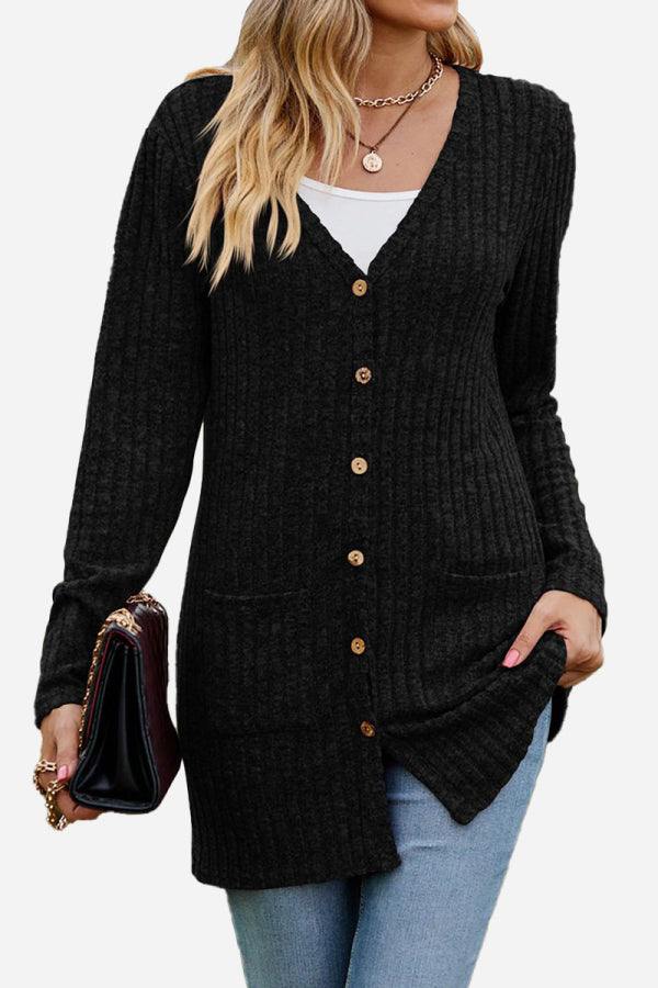 Long black lightweight ultra soft knit-like cardigan with buttons and pockets worn with jeans and white top