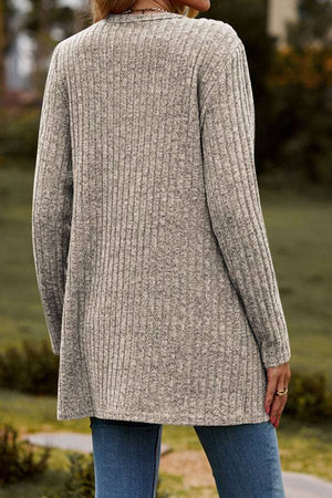 Lightweight ultra soft long knit cardigan in gray shown from back worn with jeans