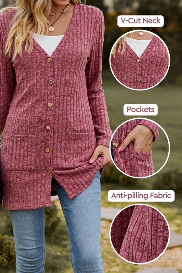 Lightweight ultra soft long knit cardigan with V-cut neck, pockets, and anti-pilling fabric in rose color.