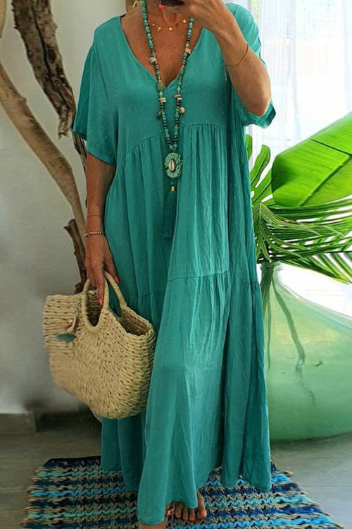 Teal V-neck two-tiered maxi swing dress in lightweight cotton with flowy tiers and loose sleeves.