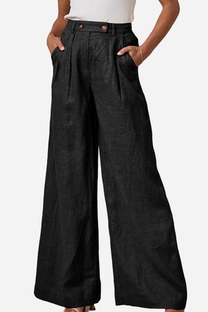 Black wide leg high waist elastic waist trousers with pockets and button detail