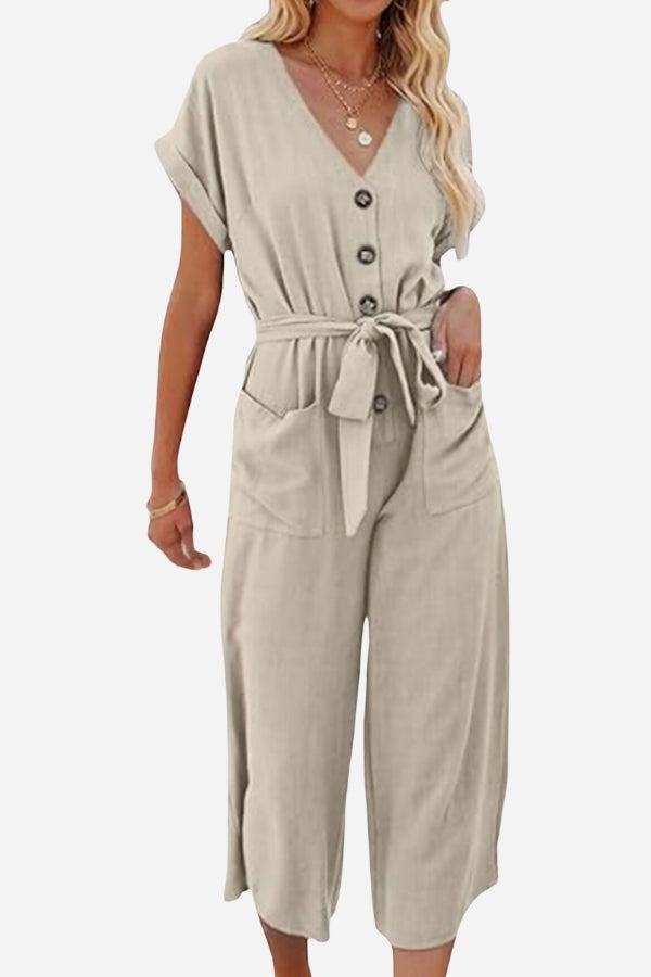 Beige V-neck lace-up pocket jumpsuit with tie belt and short sleeves for women