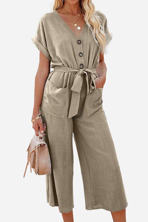 Women's V-neck lace-up pocket jumpsuit with tie belt in khaki color