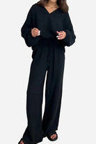 Black cotton collared two-piece set with bishop sleeves and drawstring waist for a comfortable, stylish fit