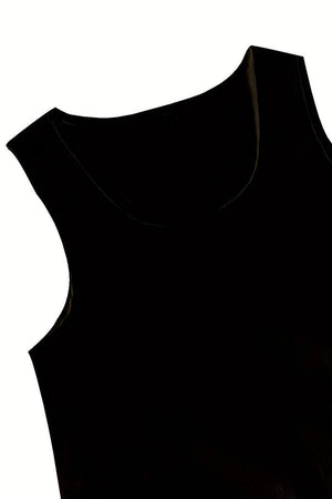 Black sleeveless blouse from Apple-Balancing Two-Piece Co-ord designed for apple-shaped body.