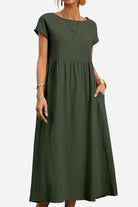 Capped-sleeve voluminous pleated midi dress in olive green with pockets and loose sleeves