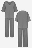 Grey V-neck cotton two-piece trouser set with mid-length sleeves and straight-leg pants, front and back views.