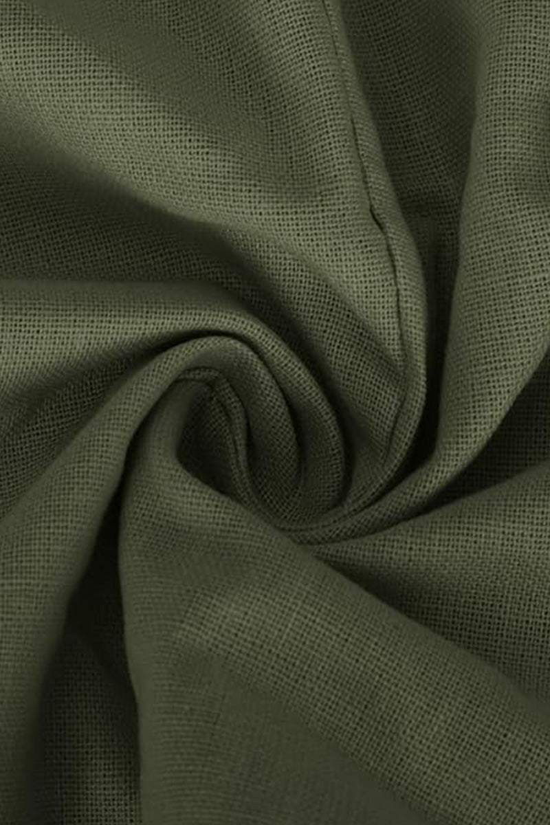 close-up of olive green cotton fabric for V-neck cotton two-piece trouser set