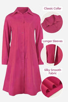 Pink long shirt-style dress with classic collar, longer sleeves, and silky smooth fabric
