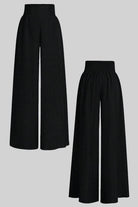 Black high waist wide leg pants with elastic waistband, lightweight and breathable fabric, loose and flowing fit.