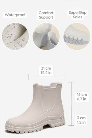 Lightweight beige non-slip rain boots with waterproof material, comfort support, and SuperGrip soles, measuring 31 cm length and 16 cm height.