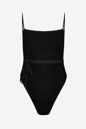 Black Tan-Through open back one-piece swimsuit with low square neckline and adjustable side tie belt