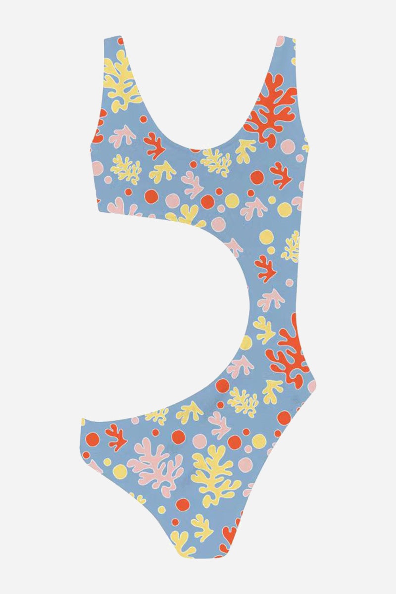 Seamless anti-tan line one-piece cutout swimsuit with colorful coral pattern on blue background